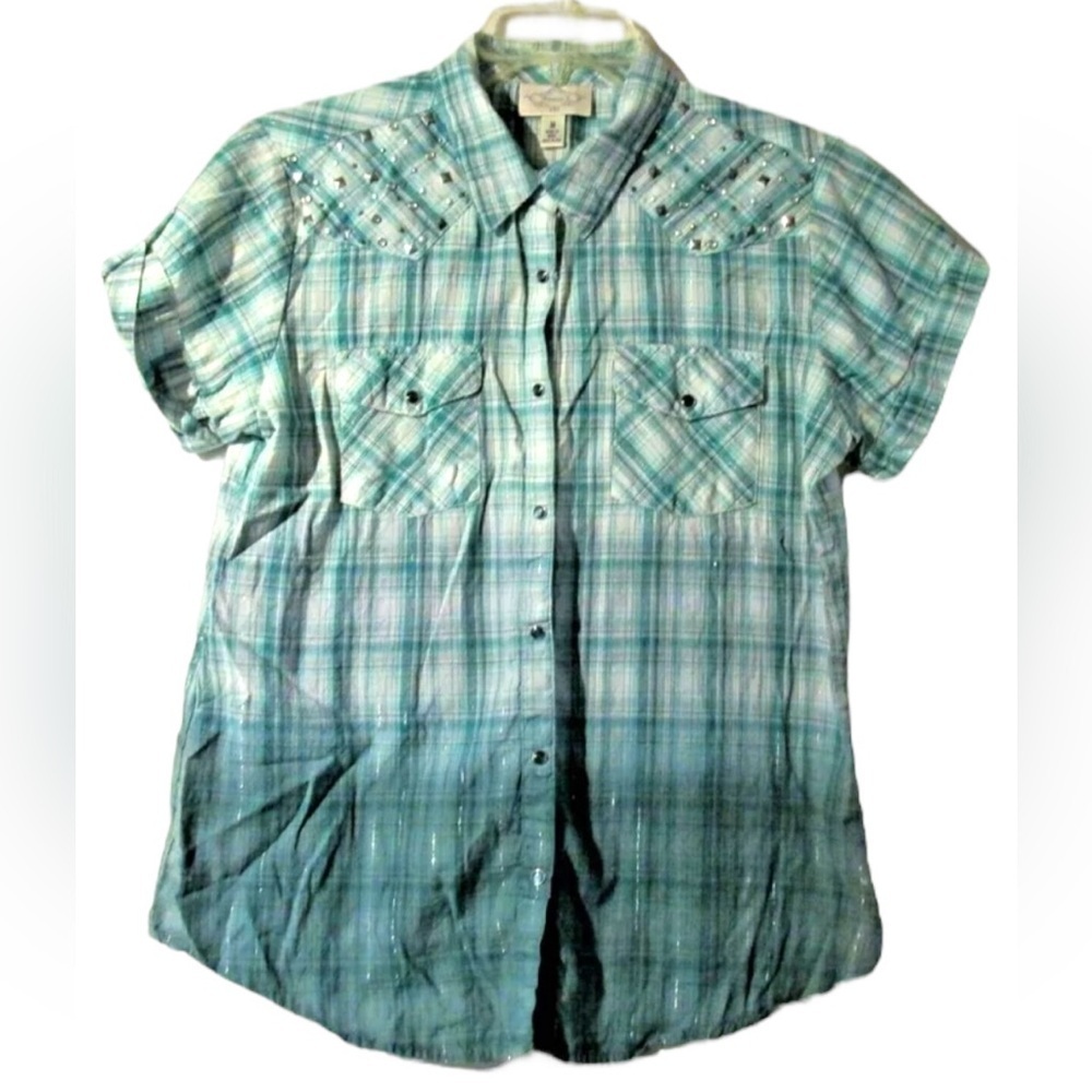 HENNA Green Ombre Bling Metallic Plaid Western Cowgirl Short Sleeve Shirt Medium